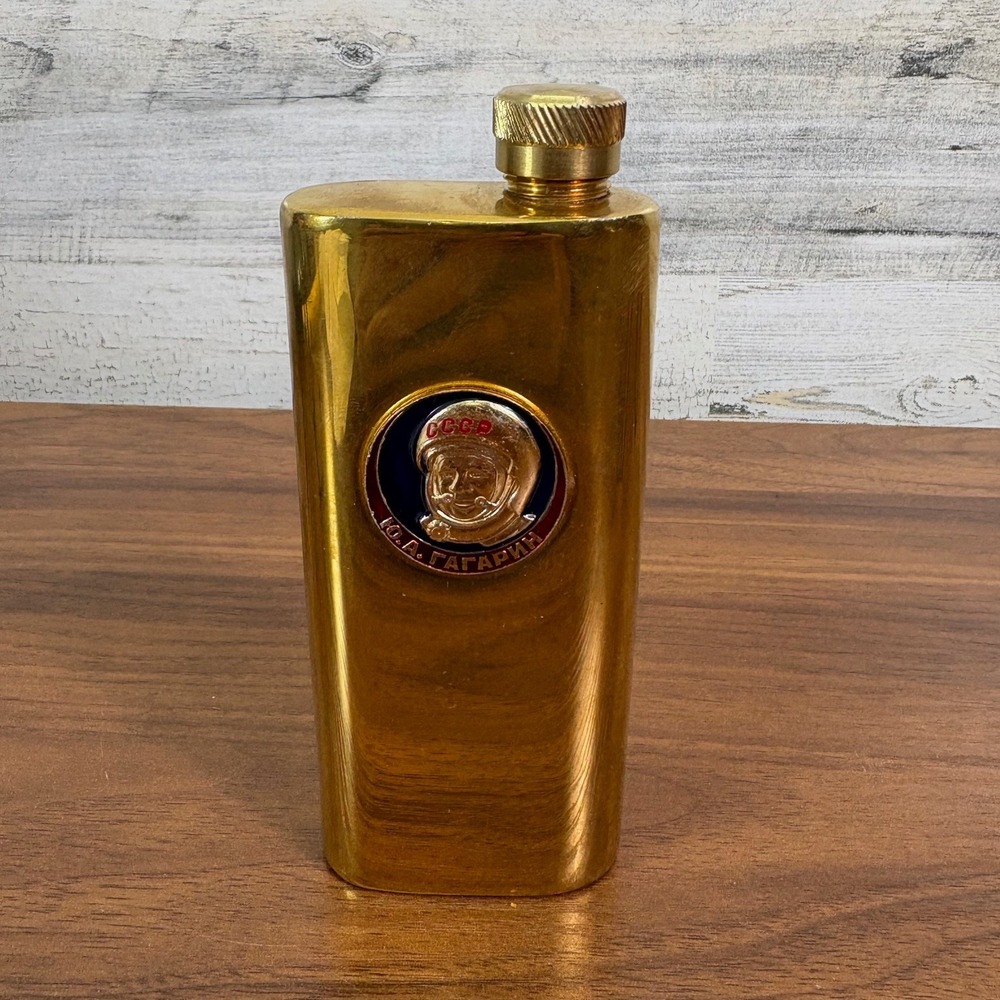 Vintage Russia Soviet Union Flask Soviet Cosmonaut Yuri Gagarin Gold Tone